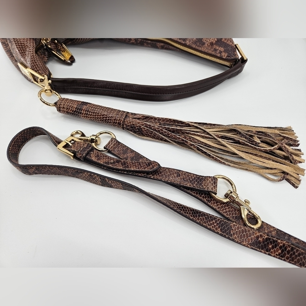 GILI Got To Love It Large LEATHER Emb SNAKE Choc Brown TASSEL Hobo Bag PURSE - Picture 7 of 14